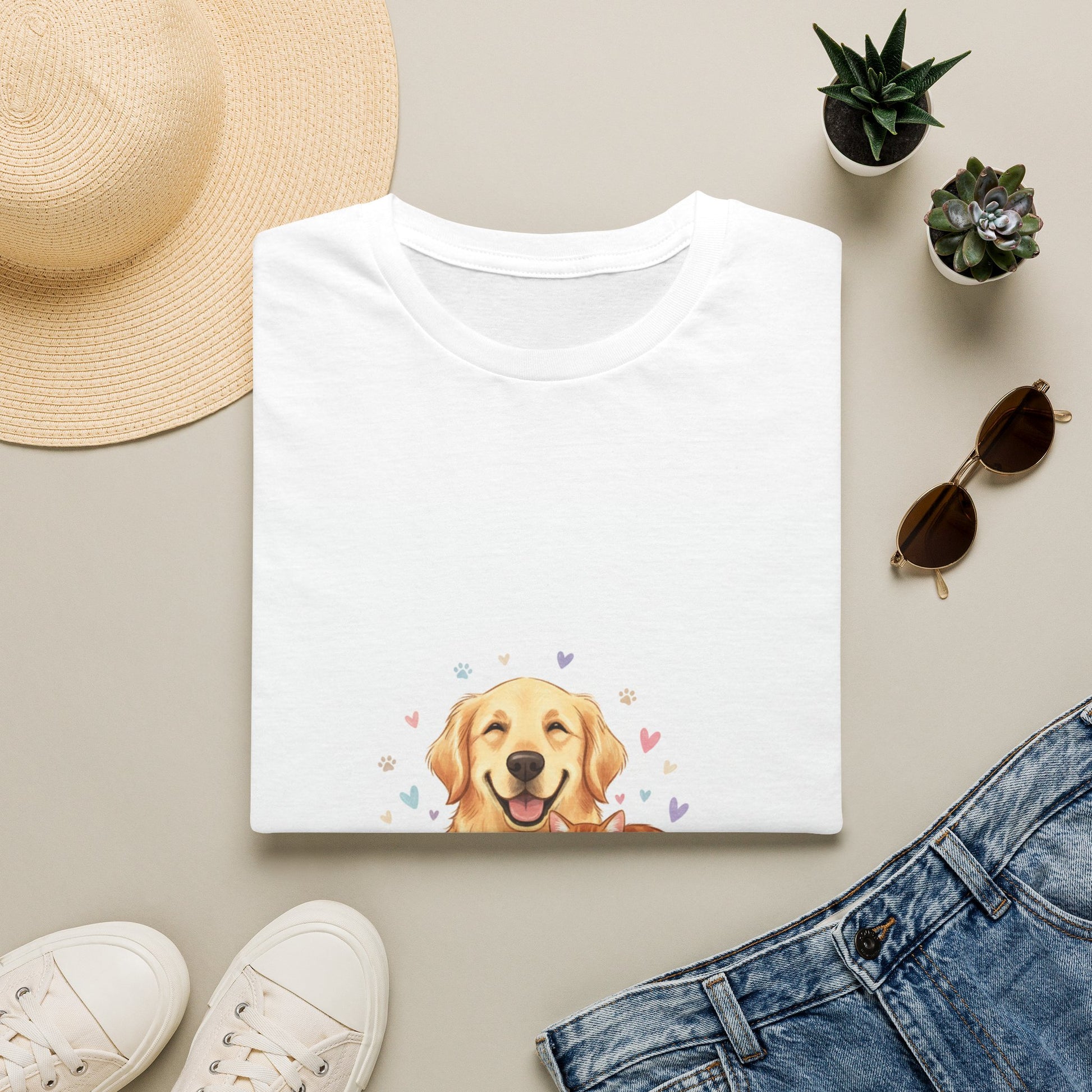 T-Shirt Golden Retriever & Chaton — Chien et Chat Cœurs | Personnalisable