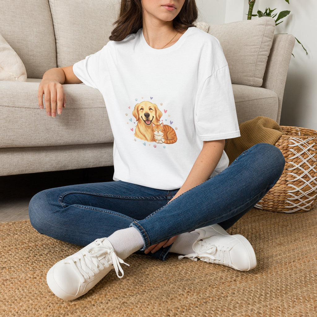 T-Shirt Golden Retriever & Chaton — Chien et Chat Cœurs | Personnalisable