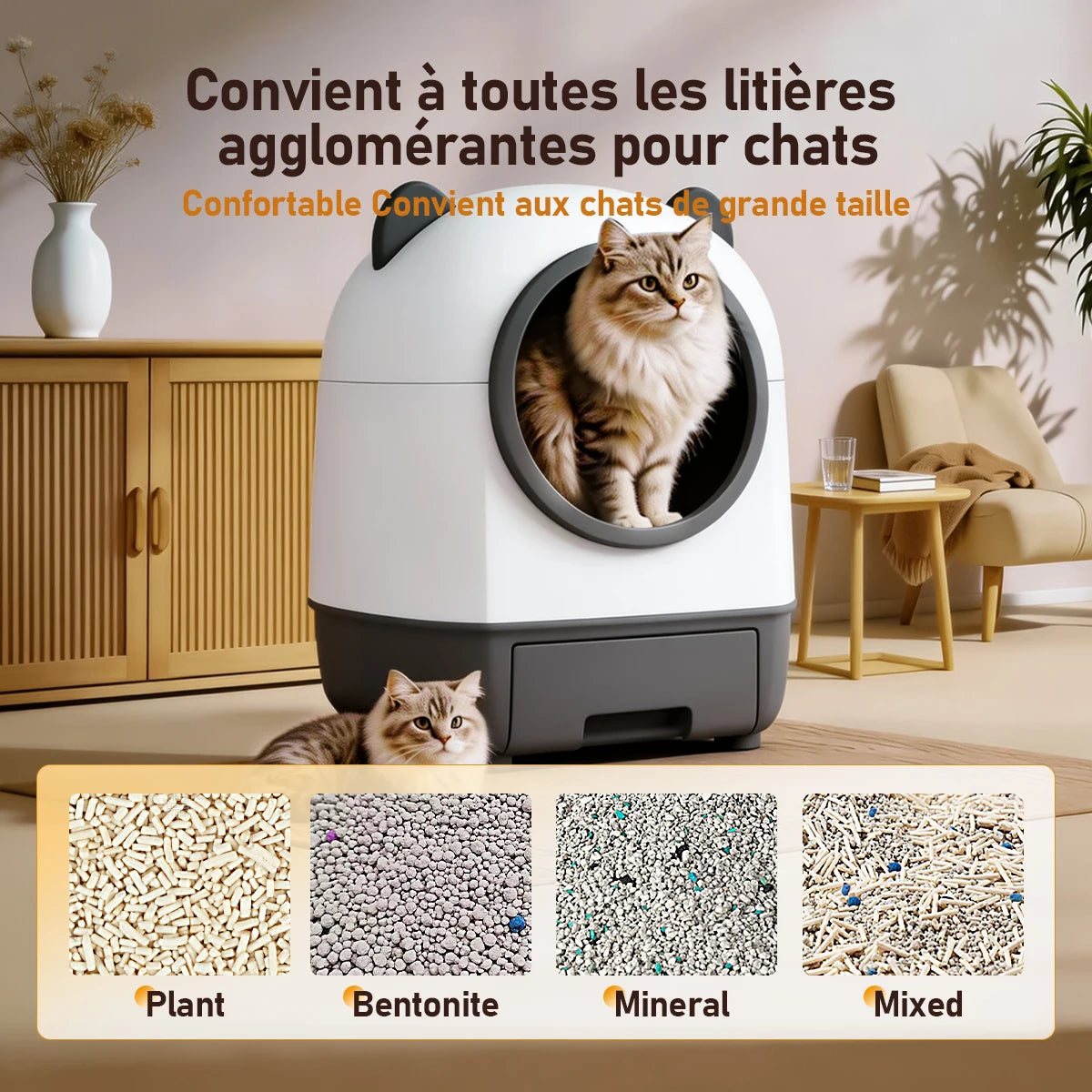 Bac à litière intelligent autonettoyant 80L - Grande capacité, triple désodorisation, contrôle par appli