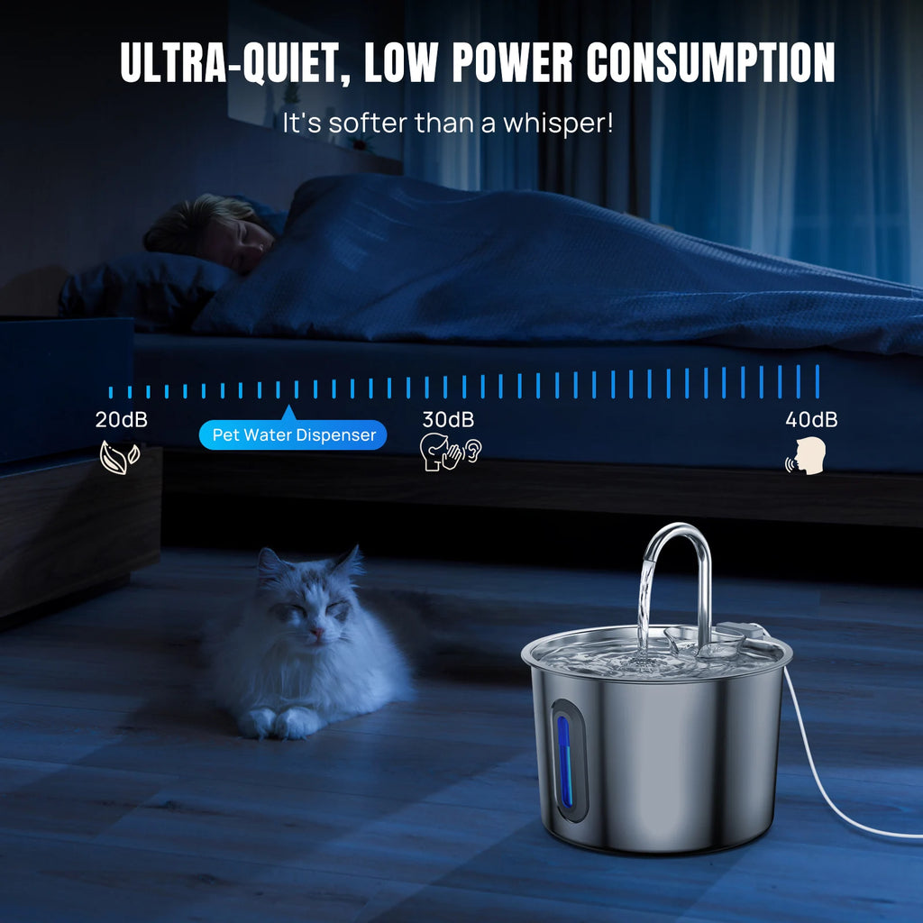 Fontaine à eau automatique en acier inoxydable 2,2L pour chat et chien - Fenêtre de niveau visible et fonctionnement ultra-silencieux