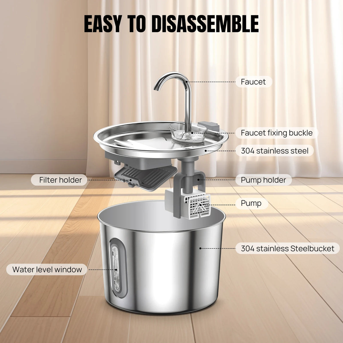 Fontaine à eau automatique en acier inoxydable 2,2L pour chat et chien - Fenêtre de niveau visible et fonctionnement ultra-silencieux