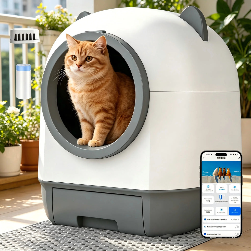 Bac à litière intelligent autonettoyant 80L - Grande capacité, triple désodorisation, contrôle par appli