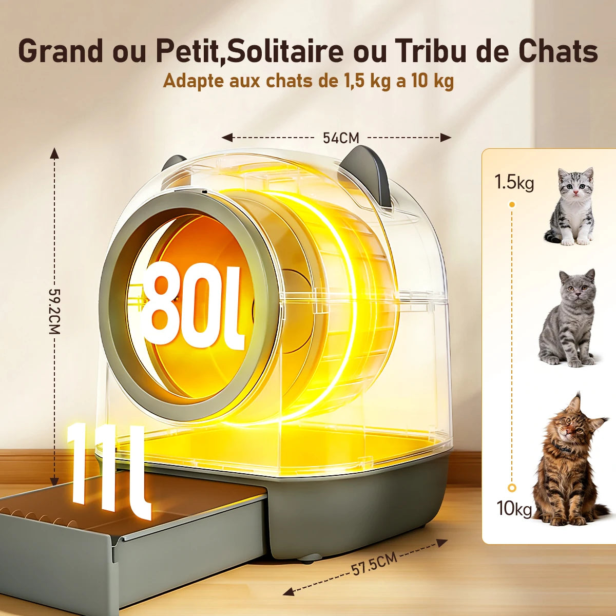 Bac à litière intelligent autonettoyant 80L - Grande capacité, triple désodorisation, contrôle par appli