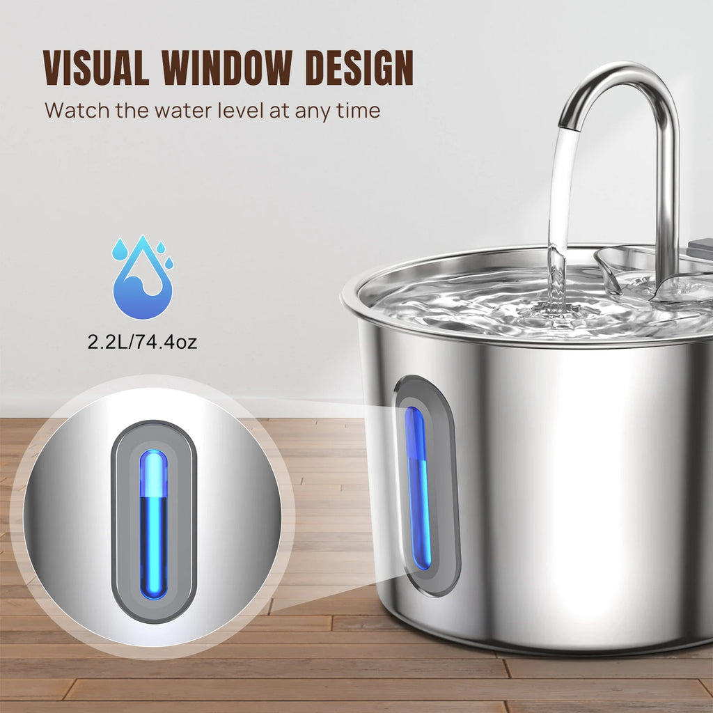Fontaine à eau automatique en acier inoxydable 2,2L pour chat et chien - Fenêtre de niveau visible et fonctionnement ultra-silencieux