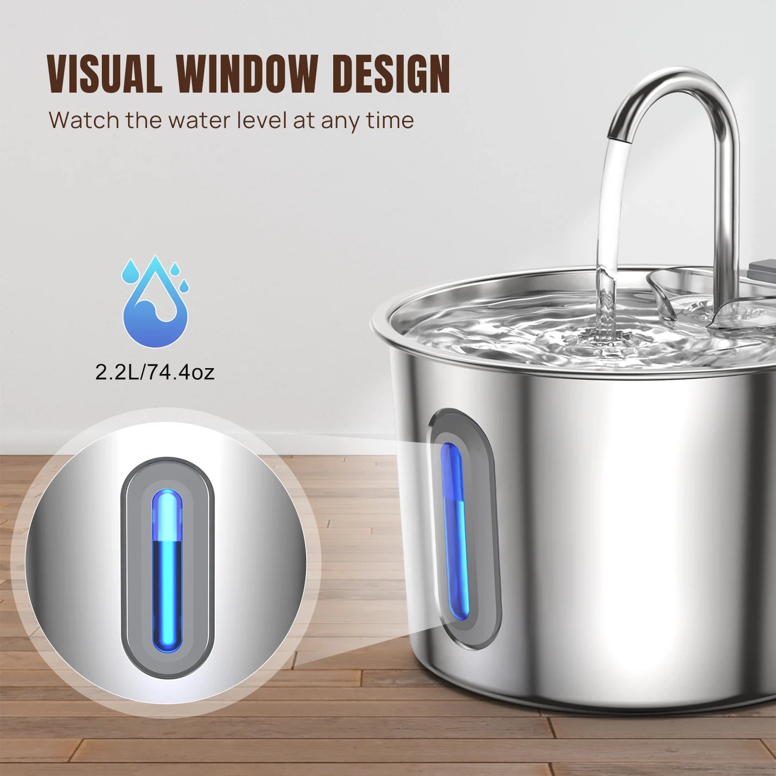 Fontaine à eau automatique en acier inoxydable 2,2L pour chat et chien - Fenêtre de niveau visible et fonctionnement ultra-silencieux