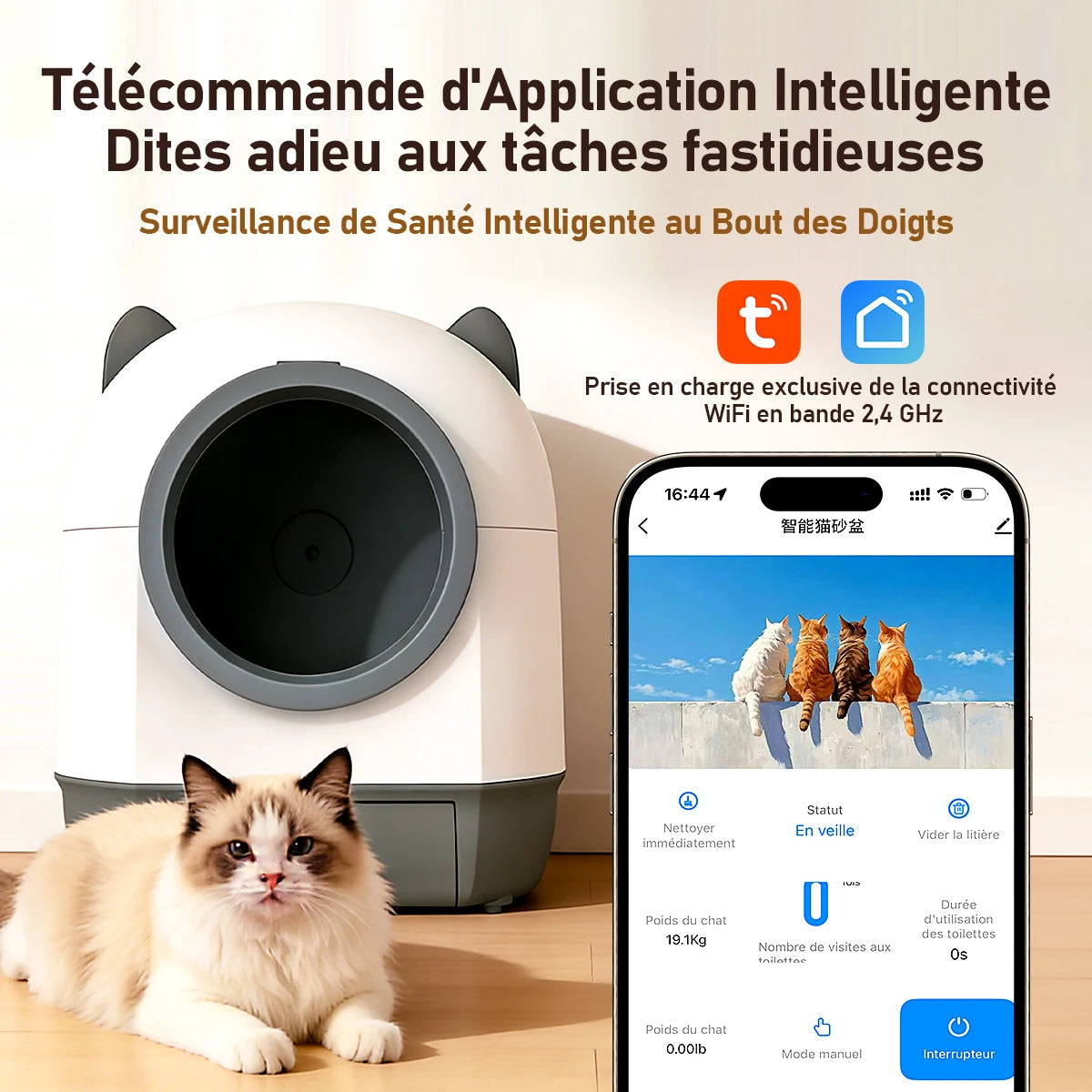 Bac à litière intelligent autonettoyant 80L - Grande capacité, triple désodorisation, contrôle par appli