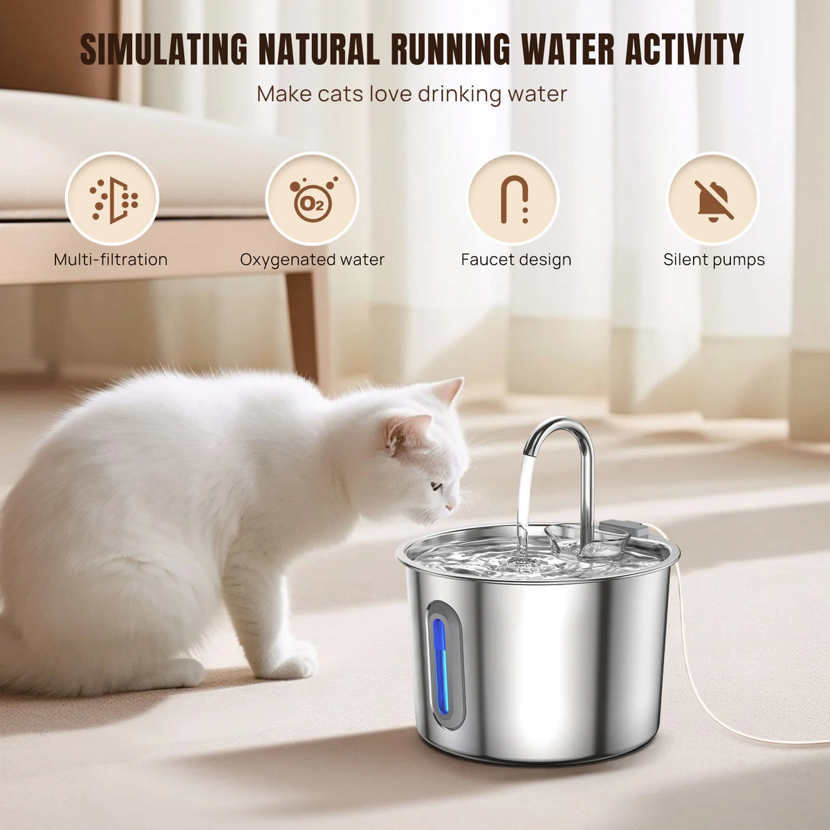 Fontaine à eau automatique en acier inoxydable 2,2L pour chat et chien - Fenêtre de niveau visible et fonctionnement ultra-silencieux