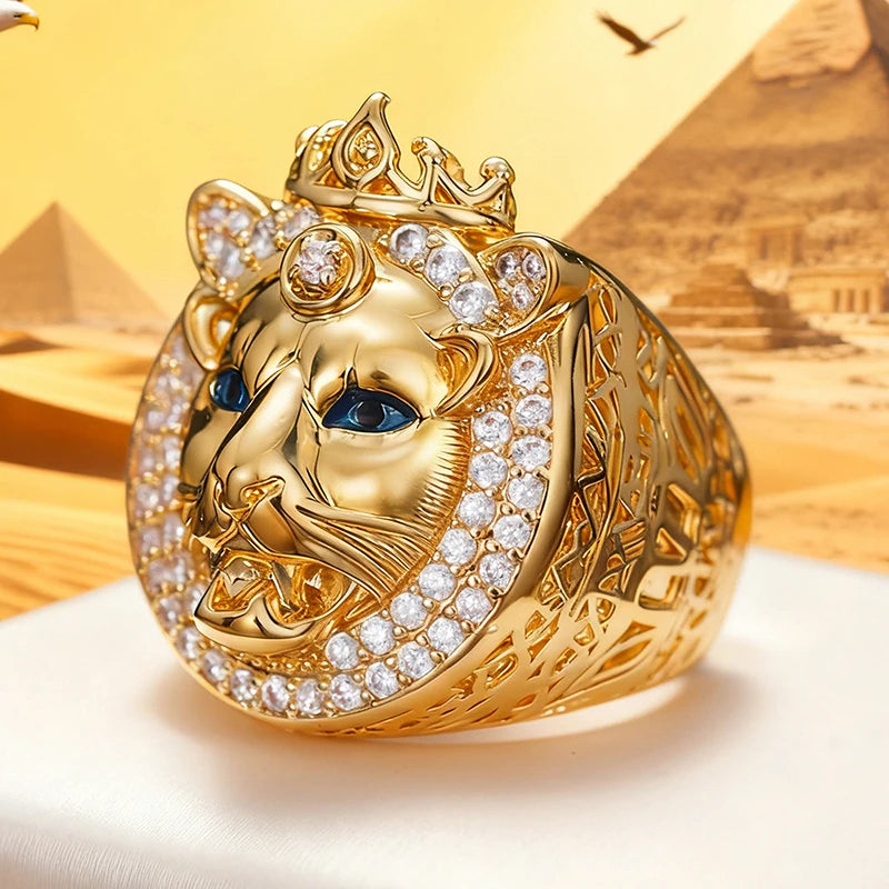 Bague Lion King Hip Hop couleur or - Yeux bleus, style Punk Unisexe - Bijou de luxe homme/femme