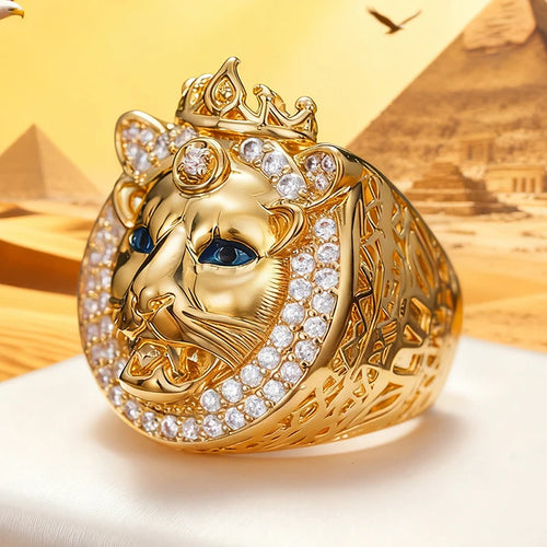 Bague Lion King Hip Hop couleur or - Yeux bleus, style Punk Unisexe - Bijou de luxe homme/femme