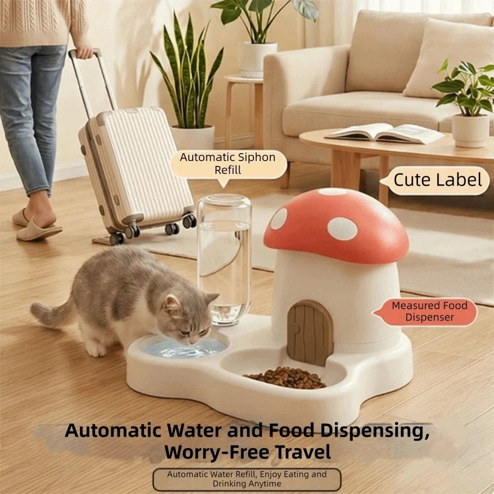 Distributeur automatique 2 en 1 pour animaux - Design Champignon, grande capacité, séparation sec/humide, réservoir d'eau par gravité