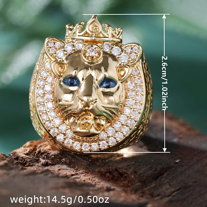 Bague Lion King Hip Hop couleur or - Yeux bleus, style Punk Unisexe - Bijou de luxe homme/femme