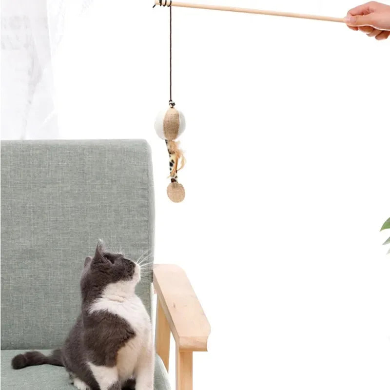 Canne à Pêche pour Chat – Jouet Interactif en Bois avec Plumes Colorées, Idéal pour Chaton