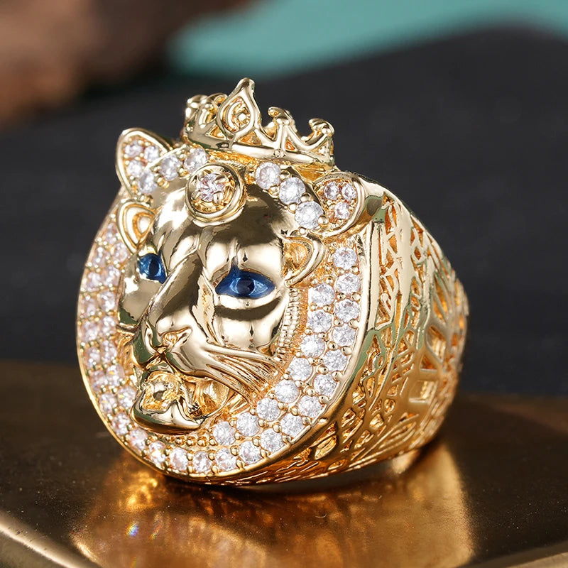Bague Lion King Hip Hop couleur or - Yeux bleus, style Punk Unisexe - Bijou de luxe homme/femme