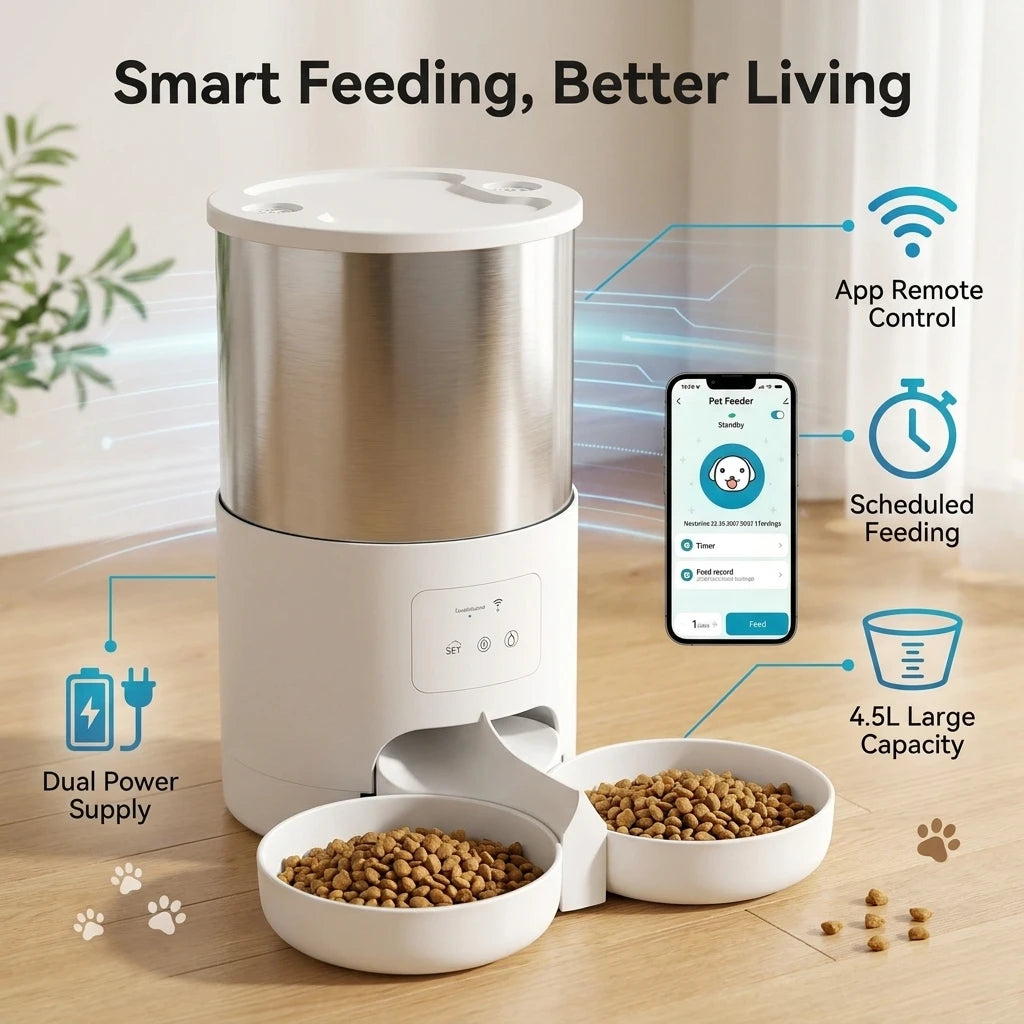 Distributeur automatique 4,5L pour animaux - Application TuYa, fontaine à eau et gamelle à croquettes intelligente pour chats et chiens