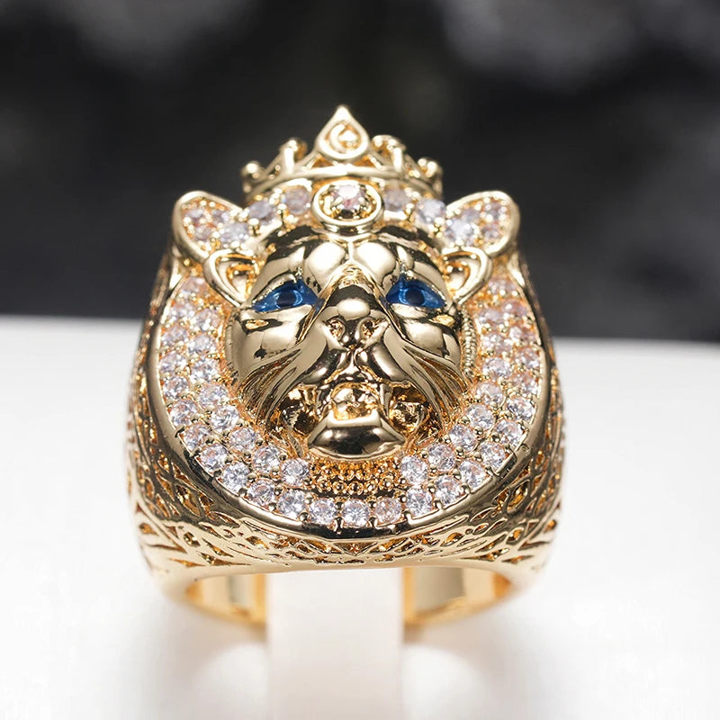 Bague Lion King Hip Hop couleur or - Yeux bleus, style Punk Unisexe - Bijou de luxe homme/femme