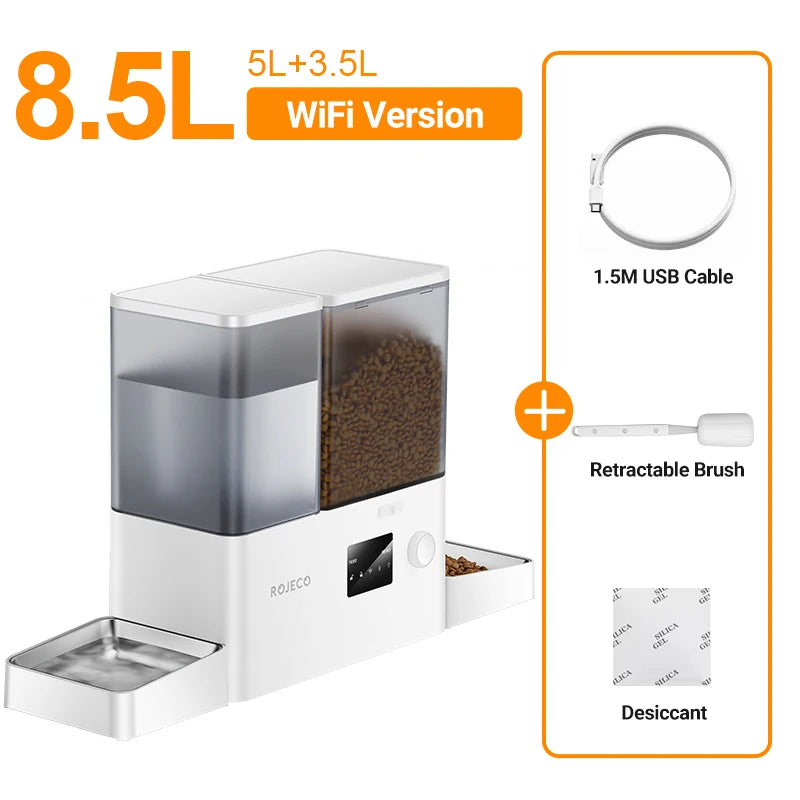 ROJECO 8,5L Distributeur automatique pour animaux avec fontaine à eau - WiFi, application, 5L nourriture + 3,5L eau par gravité