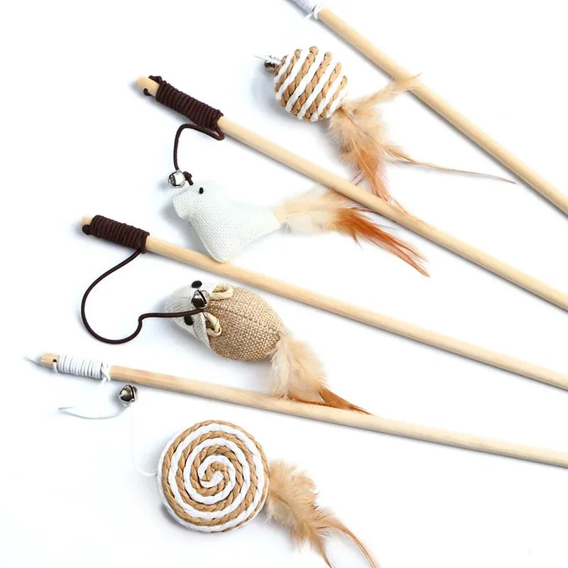 Canne à Pêche pour Chat – Jouet Interactif en Bois avec Plumes Colorées, Idéal pour Chaton
