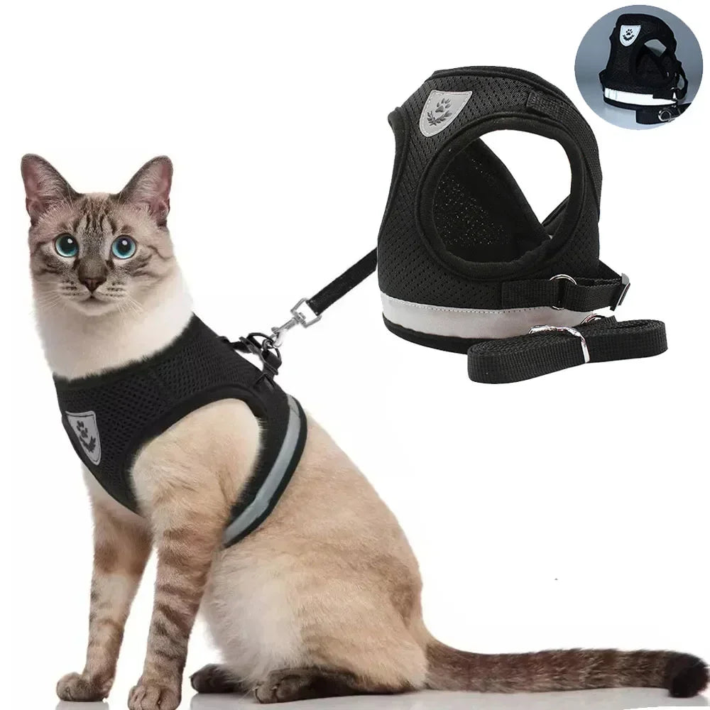 Harnais Mesh Respirant pour Chat et Chien – Réglable avec Laisse, Bandes Réfléchissantes