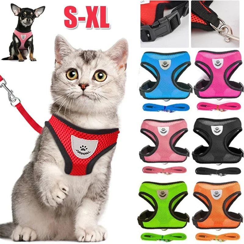 Harnais Mesh Respirant pour Chat et Chien – Réglable avec Laisse, Bandes Réfléchissantes