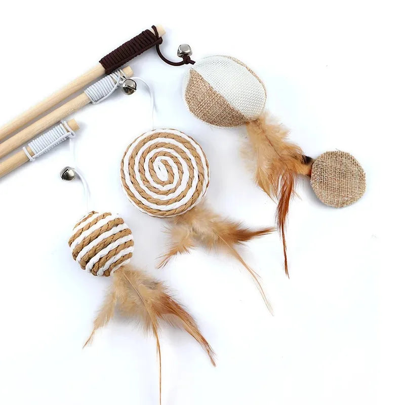 Canne à Pêche pour Chat – Jouet Interactif en Bois avec Plumes Colorées, Idéal pour Chaton
