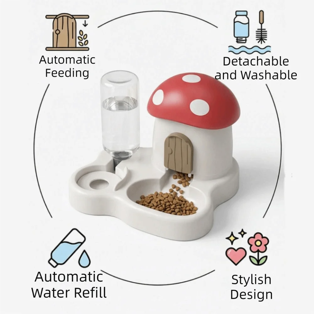 Distributeur automatique 2 en 1 pour animaux - Design Champignon, grande capacité, séparation sec/humide, réservoir d'eau par gravité