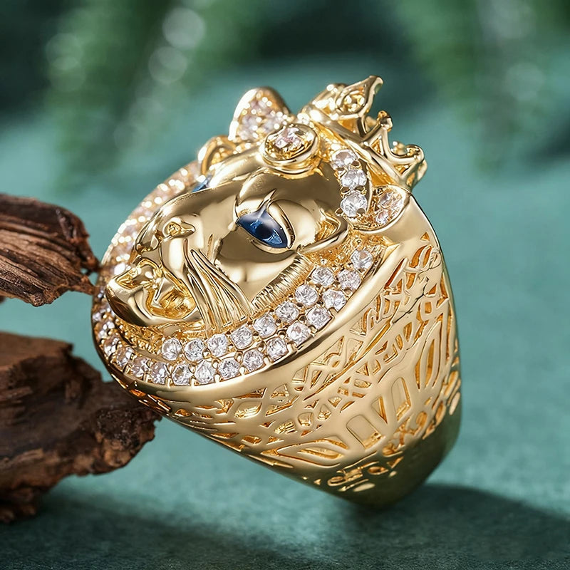 Bague Lion King Hip Hop couleur or - Yeux bleus, style Punk Unisexe - Bijou de luxe homme/femme