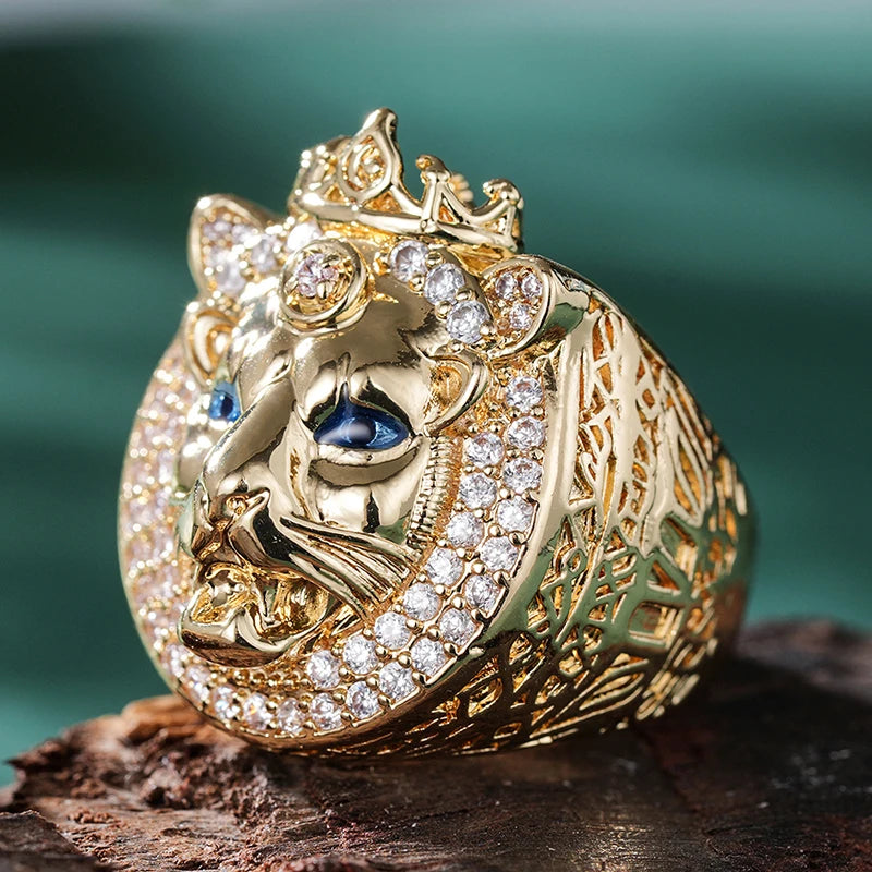Bague Lion King Hip Hop couleur or - Yeux bleus, style Punk Unisexe - Bijou de luxe homme/femme